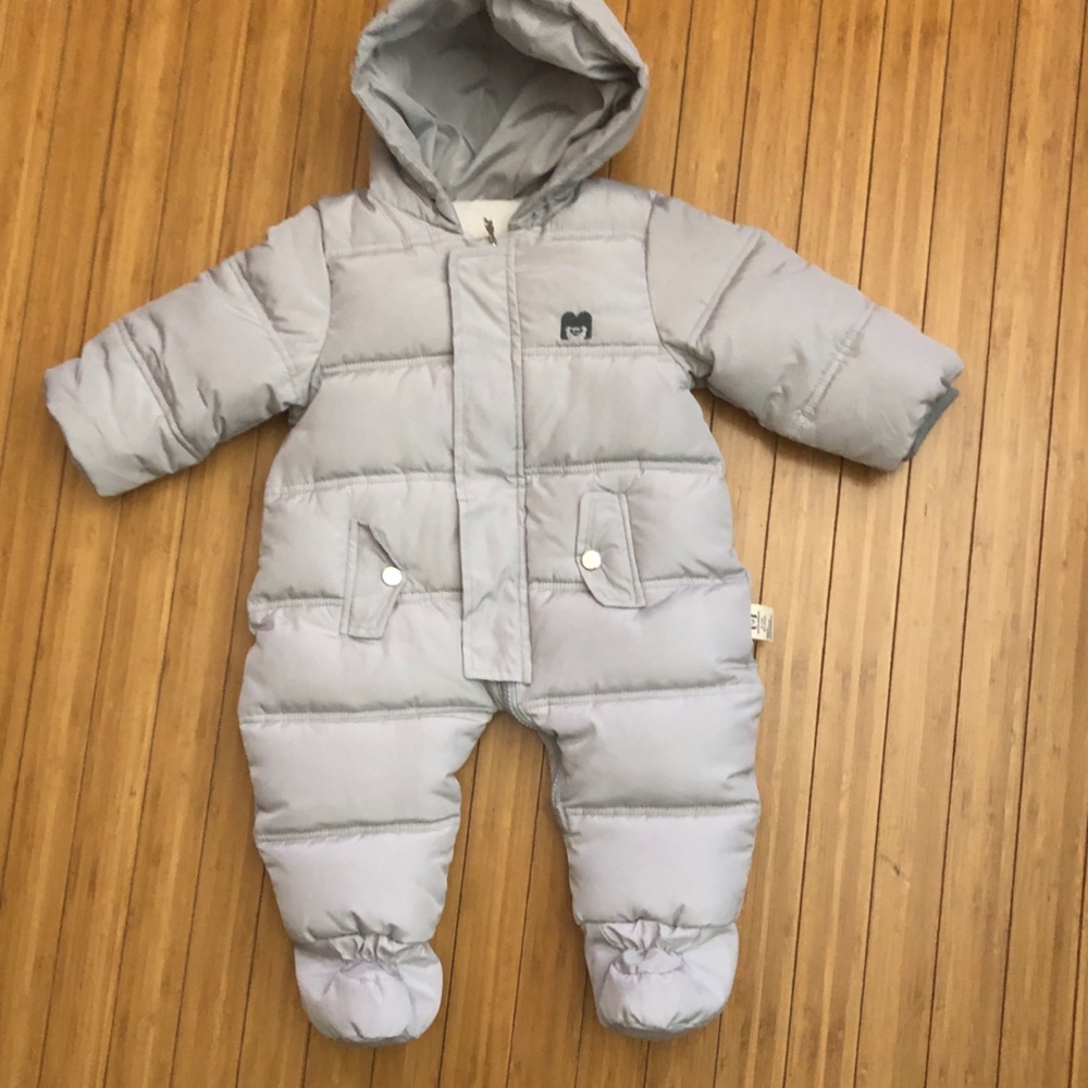 MurMur Bear Baby Light Gray Puffer One-Piece Footie with Hood Snowsuit